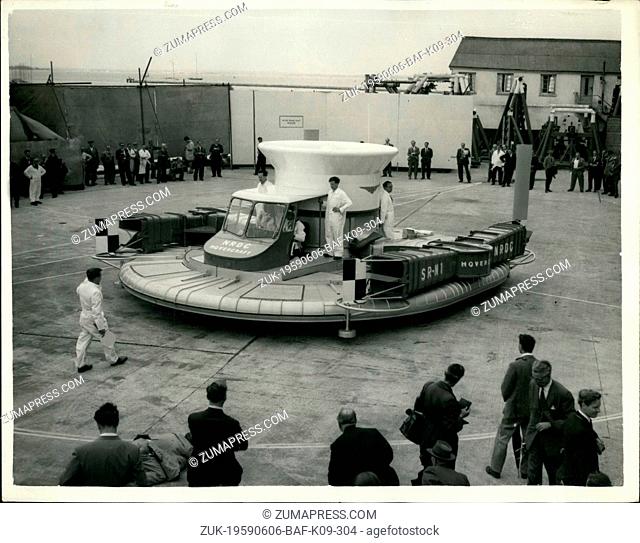 Jun. 06, 1959 - Britain's Flying Saucer Makes First Public Flight: Britain's Flying Saucer - the S.R.N.I Hovercraft, today made its first public flight at the...