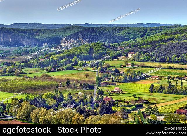 View of valley of Dordogne river from Domme rock, France