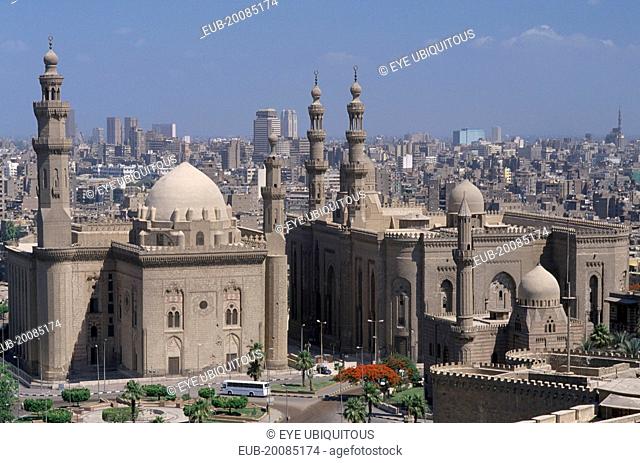 Sultan Hassan Mosque on the left and the later built El Rifai Mosque on the right seen from the Citadel