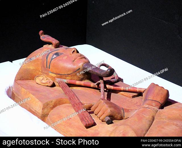 PRODUCTION - 03 April 2023, France, Paris: The sarcophagus of Ramses II is on display in the Grande Halle de la Villette in a transport crate