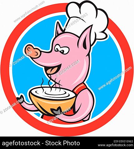 Illustration of a pig chef cook holding hot bowl of soup serving facing side set inside circle on isolated background done in cartoon style