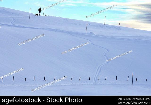 07 December 2023, Bavaria, Reit im Winkl: A man with a dog walks up a lonely trail on the Winklmoos-Alm. The ski area at around 1200 meters starts skiing on 09