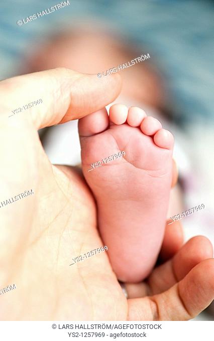Father holding foot of baby girl