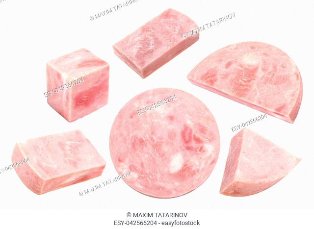 Ham sausage in pieces, chunks, cube, halves and slices. Clipping paths