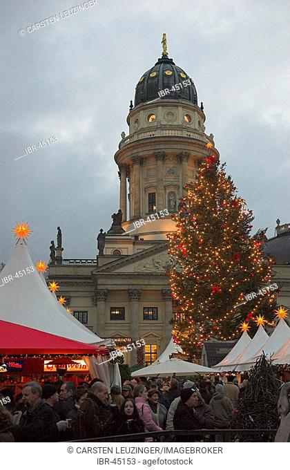 Illuminated Christmas tree at Weihnachtszauber Christmas fair in front of Deutscher Dom at Gendarmenmarkt Berlin Germany