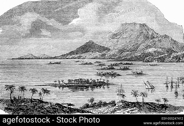 The Guadeloupe, Pointe a Pitre, capital of Grande-Terre, partially destroyed by the earthquake of February 8, 1843., vintage engraved illustration