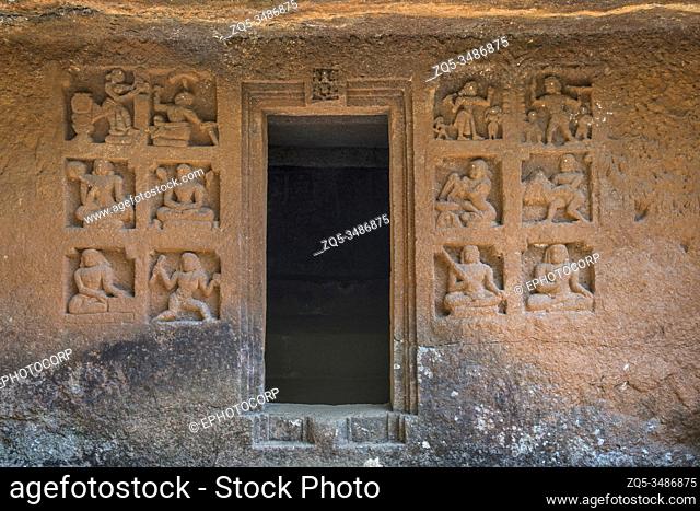 Panhale Kaji or Panhalakaji Caves, District- Sindhudurg, Maharashtra, India : Entrance door-way with sculptured panels of Natha siddhas Cave No. 14