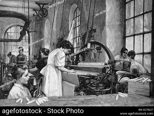 Arbeiter in einer Weberei, Deutschland, 1898, Historisch, digitale Reproduktion einer Originalvorlage aus dem 19. Jahrhundert, Originaldatum nicht bekannt