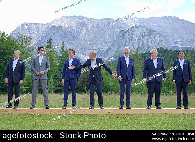 26 June 2022, Bavaria, Elmau: Mario Draghi (l-r), Prime Minister of Italy, Justin Trudeau, Prime Minister of Canada, Emmanuel Macron, President of France