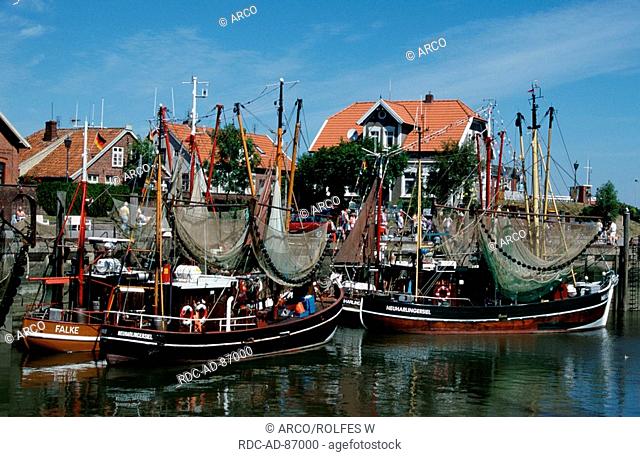 Fishing boats in harbour, Neuharlingersiel, Lower Saxony, Germany