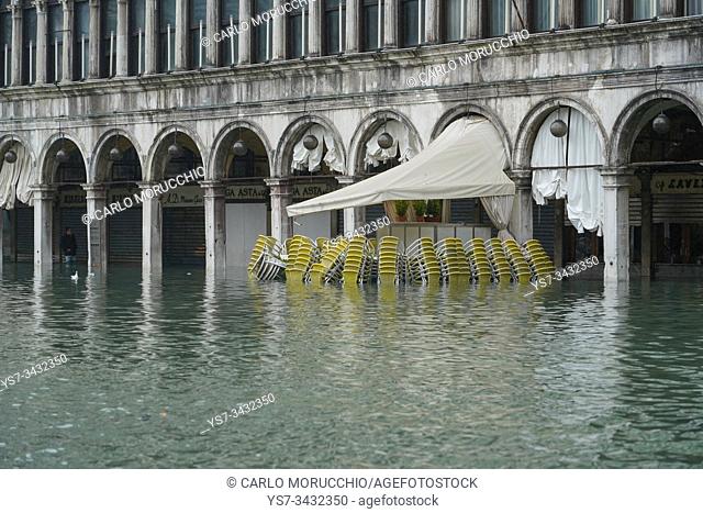 St. Mark's square during the high tide in Venice, november 2019, Venice, Italy, Europe