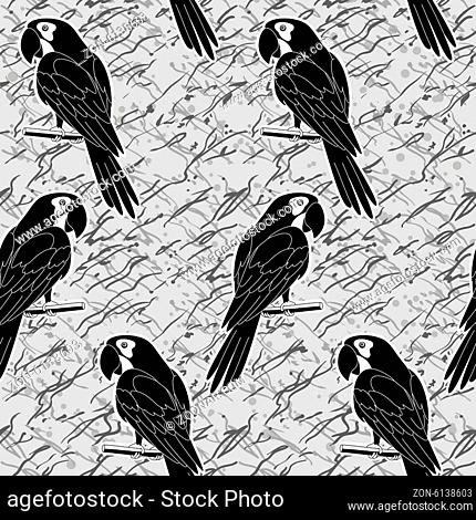 Seamless pattern, cartoon black and white silhouettes parrots on abstract grey background. Vector