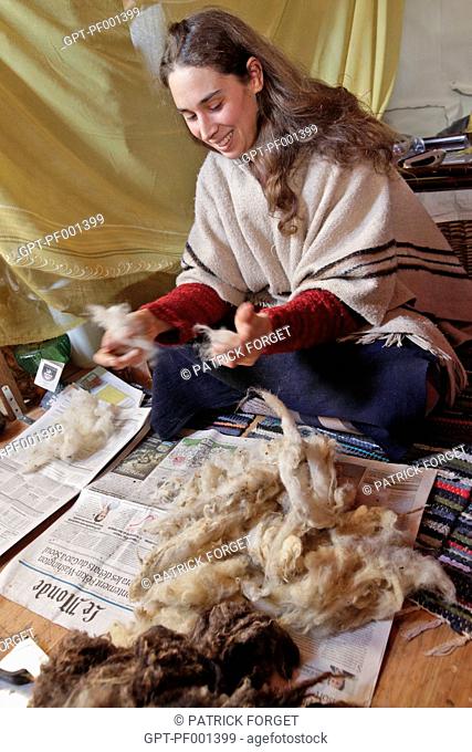 LORELEI CARDING SHEEP'S WOOL BY HAND BEFORE CLEANING IT, SHE LEFT EVERYTHING BEHIND TO COME BUILD AND LIVE IN HER WOOD CABIN IN THE CREUSE, FRANCE
