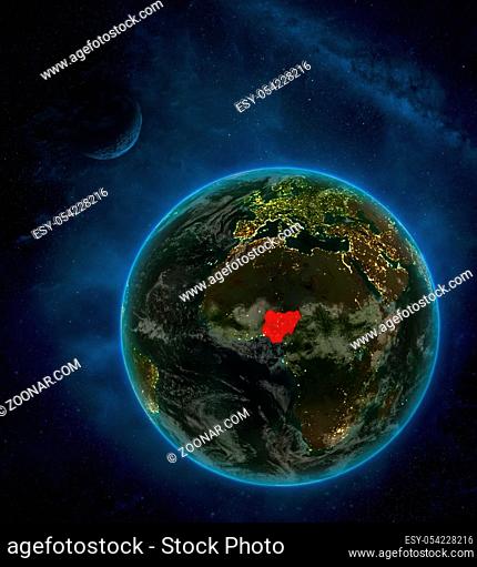 Nigeria from space on Earth at night surrounded by space with Moon and Milky Way. Detailed planet with city lights and clouds. 3D illustration