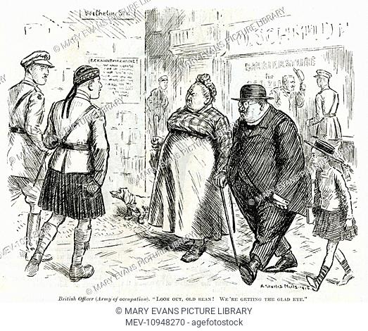 WW1 - A cartoon illustrating two British officers joking about getting the glad eye from a heavy-set woman. Walking with her heavy-set husband they glare back...