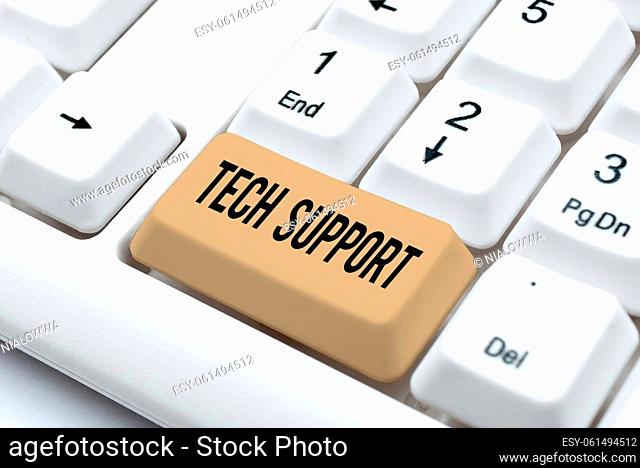 Hand writing sign Tech Support, Word for Help given by technician Online or Call Center Customer Service Lady in suit holding pen symbolizing successful...