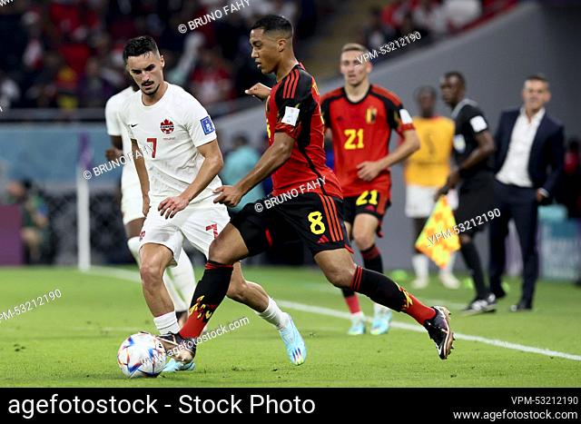 Canadian Stephen Eustaquio and Belgium's Youri Tielemans pictured in action during a soccer game between Belgium's national team the Red Devils and Canada