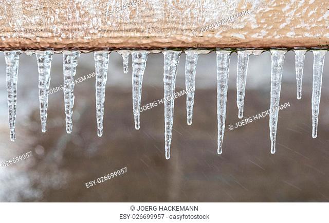 pattern of ice crystal hanging un a peace of wood