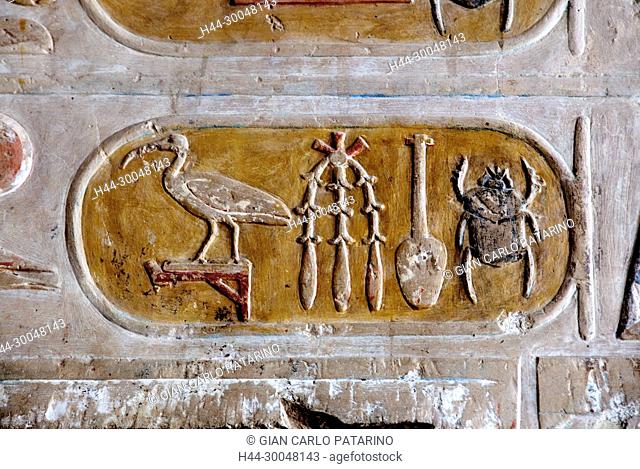 Deir el Bahari, Luxor, Egypt: temple of the queen Hatshepsut (New Kingdom 1567-1080 b.C.) at Deir el Bahari called Djeser-Djeseru: a cartouche of a Tutmosis III