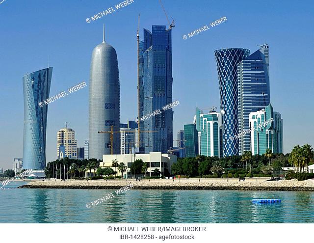 Skyline of Doha, Navigation Tower, Peace Towers, Al-Thani Tower, Tornado Tower, Emirate of Qatar, Middle East, Asia