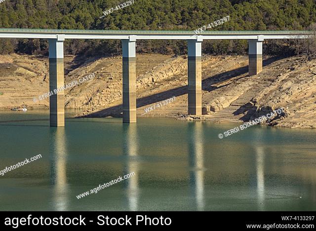 La Baells reservoir with a very low water level (26%) during the 2023 drought (Berguedá , Barcelona, Catalonia, Spain, Pyrenees)