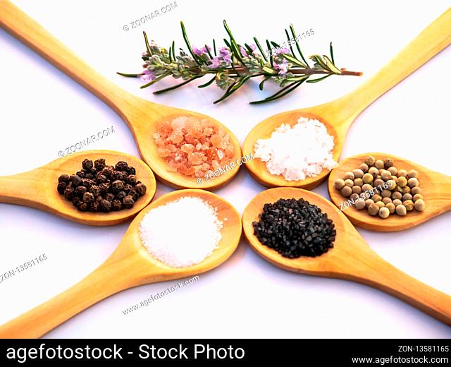 Wooden spoons with himalayan salt, black hawaii salt, common salt, salt flakes, peppercorns and a rosemary twig on a white background