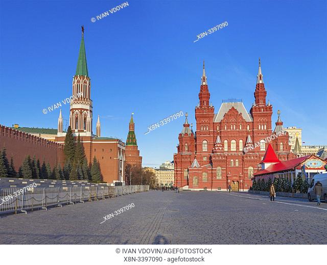 Nikolskaya tower of Moscow Kremlin and State History Museum, Red square, Moscow, Russia