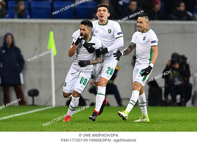 Razgrad's scorer Wanderson (l-r), Claudiu Keserue and Natanael celebrate the 1:1 goal during the Europa League group C soccer match between 1899 Hoffenheim and...