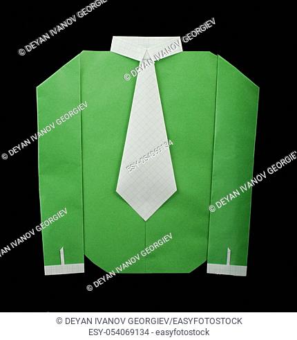 Isolated paper made green shirt with white tie. Folded origami style