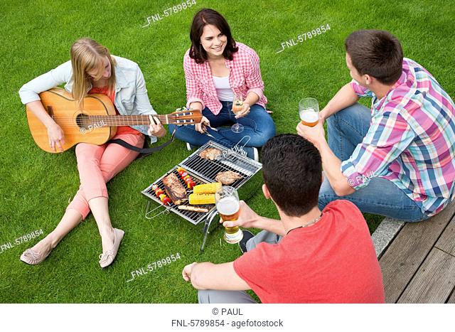 Friends having a barbecue on lawn