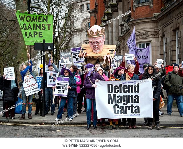 Civil rights campaigners with a giant puppet of the Lord Chancellor and Justice Secretary Chris Grayling hold a protest to defend the Magna Carta and legal aid...