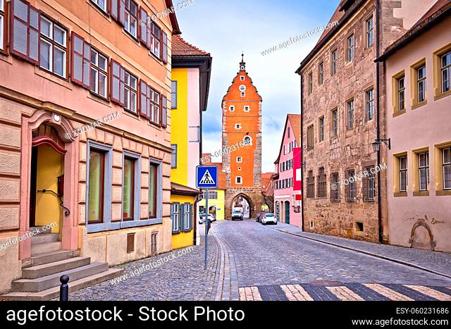 Historic town of Dinkelsbuhl colorful street and tower gate view, Romantic road of Bavaria region of Germany