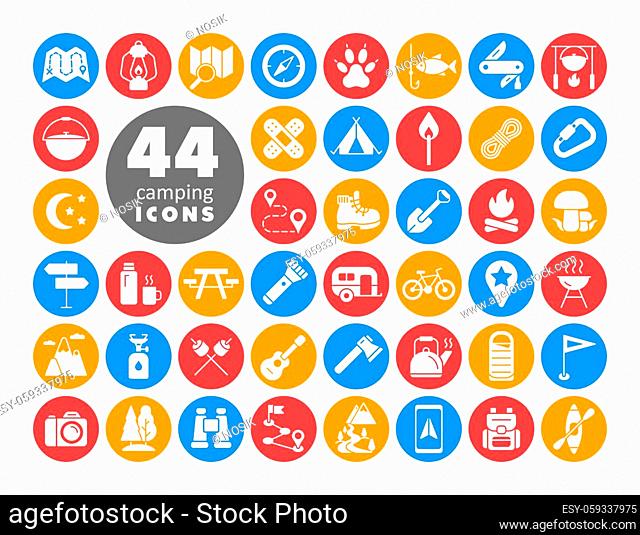 Camping, Hiking, Nature and Outdoor Activities white glyph icons set. Graph symbol for travel and tourism web site and apps design, logo, app, UI