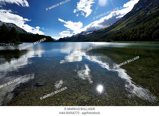 Silsersee, lake, Graubünden, the Engadine, mountain lake, Oberengadin, sky, clouds, waters, waters, the sun, reflexion, light