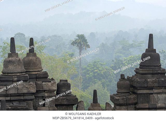 View from the top platform of Borobudur temple (UNESCO World Heritage Site), the largest Buddhist temple in the world, is a ninth-century Mahayana Buddhist...