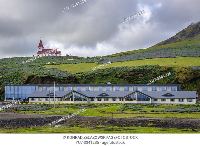 Church and Icelandair Hotel in Vik i Myrdal village in Iceland