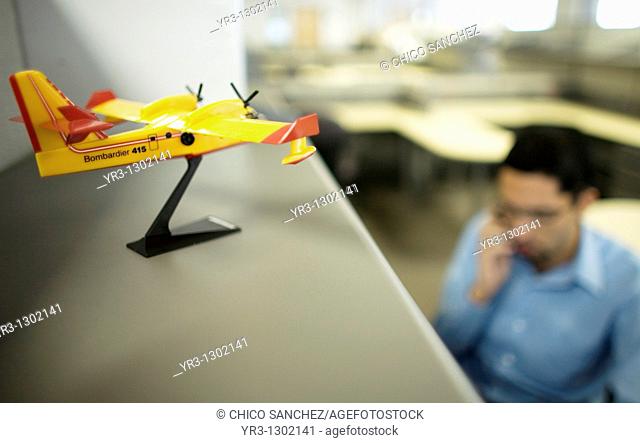 A miniature plane decorates the offices of the Bombardier Aerospace plant in Queretaro, Mexico, March 2, 2008
