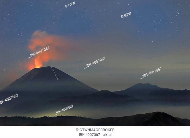 Active Gunung Bromo volcano at night, Bromo-Tengger-Semeru National Park, Java, Indonesia