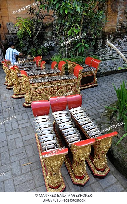 Gamelan musical ensemble instruments being restored at Puri Saren Palace, Ubud, Bali, Indonesia