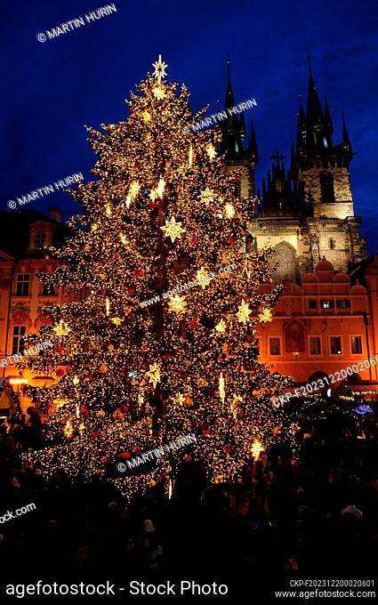 Christmas market on Old Town Square in Prague by Christmas tree lighting, December 19, 2023, Czech Republic. (CTK Photo/Martin Hurin)