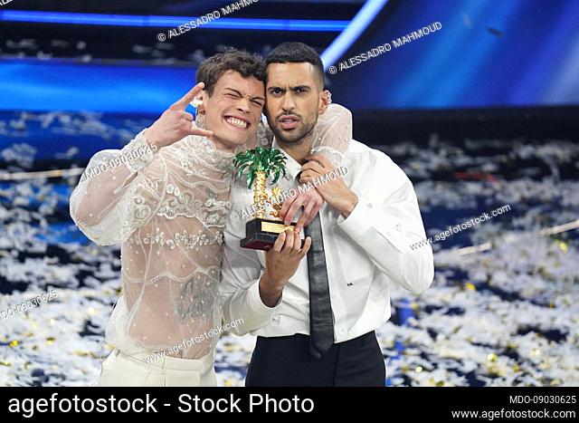 The winners Mahmood and Blanco at the 72 Sanremo Festival. Final evening. Valentino and Burberry clothes. Sanremo (Italy), February 5th, 2022