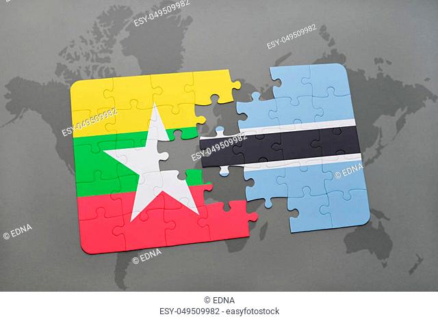 puzzle with the national flag of myanmar and botswana on a world map background. 3D illustration