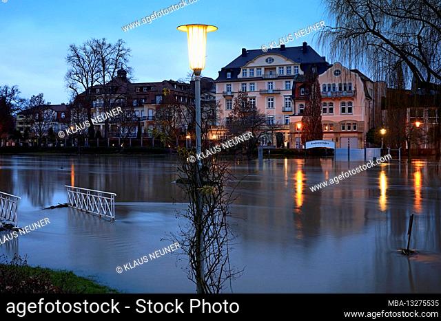 Rose garden, promenade, blue hour, high water, inundated, Bad Kissingen, Franconia, Bavaria, Germany, Europe