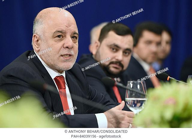 Prime Minister Haider al-Abadi of Iraq attends a bilateral meeting with United States President Barack Obama at the Lotte New York Palace Hotel in New York, NY