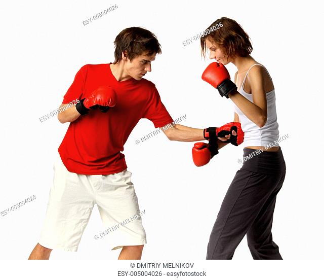 Young people in fighting gloves