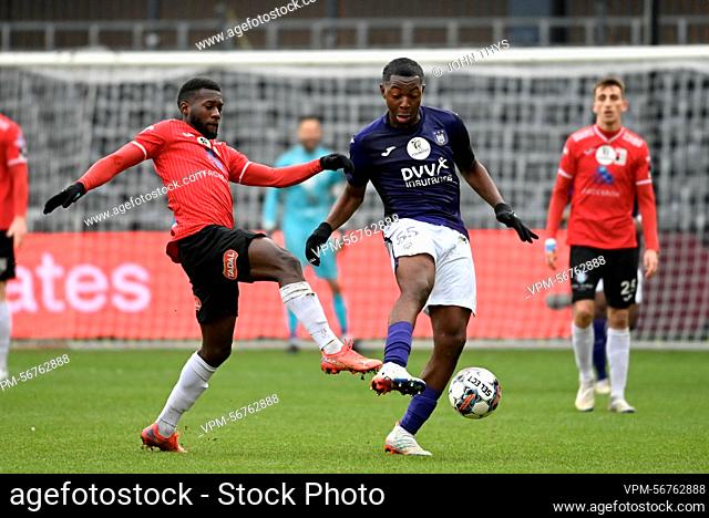 Rwdm's Christophe Mickael Biron and Rwdm's Luis Oyama fight for the ball during a soccer match between RSCA Futures (Anderlecht U23) and RWD Molenbeek