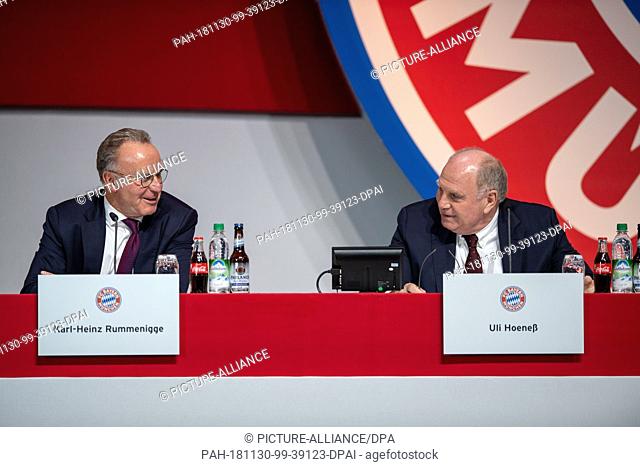 30 November 2018, Bavaria, München: Soccer: Bundesliga, FC Bayern Munich Annual General Meeting in the Audi Dome. Karl-Heinz Rummenigge (l), CEO of FC Bayern