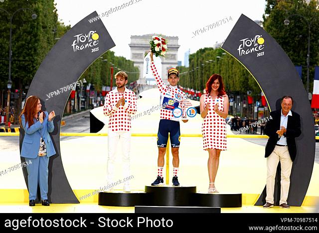 Italian Giulio Ciccone of Lidl-Trek wearing the red polka-dot jersey for best climber pictured during the podium ceremony after the 21st and last stage of the...