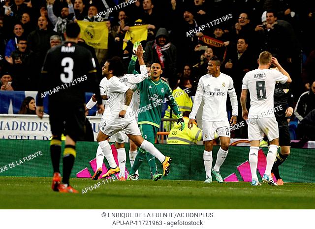 2016 La Liga Football Real Madrid v Sevilla FC Mar 20th. 20.03.2016. Madrid, Spain. Keylor Navas Gamboa (1) Real Madrid get congratualted by team mates for the...