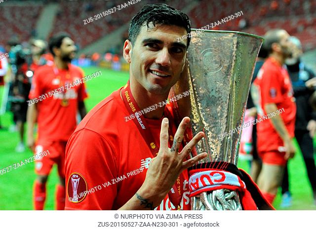 May 27, 2015 - Naples, Italy - Sevilla Jose Antonio Reyes celebrate with the trophy at the end of the UEFA Europa league final football match between FC Dnipro...